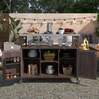 Okak Outdoor-Kücheninsel mit Edelstahlplatte, Holzküchenwagen mit Türen, Regalen und Gewürzregal, rollende Kücheninsel