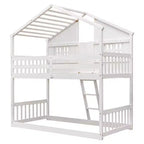 Doppel-Loftbett in Hausform, Holzspielhaus-Loftbett mit Leiter und Schutzgittern für Kinder