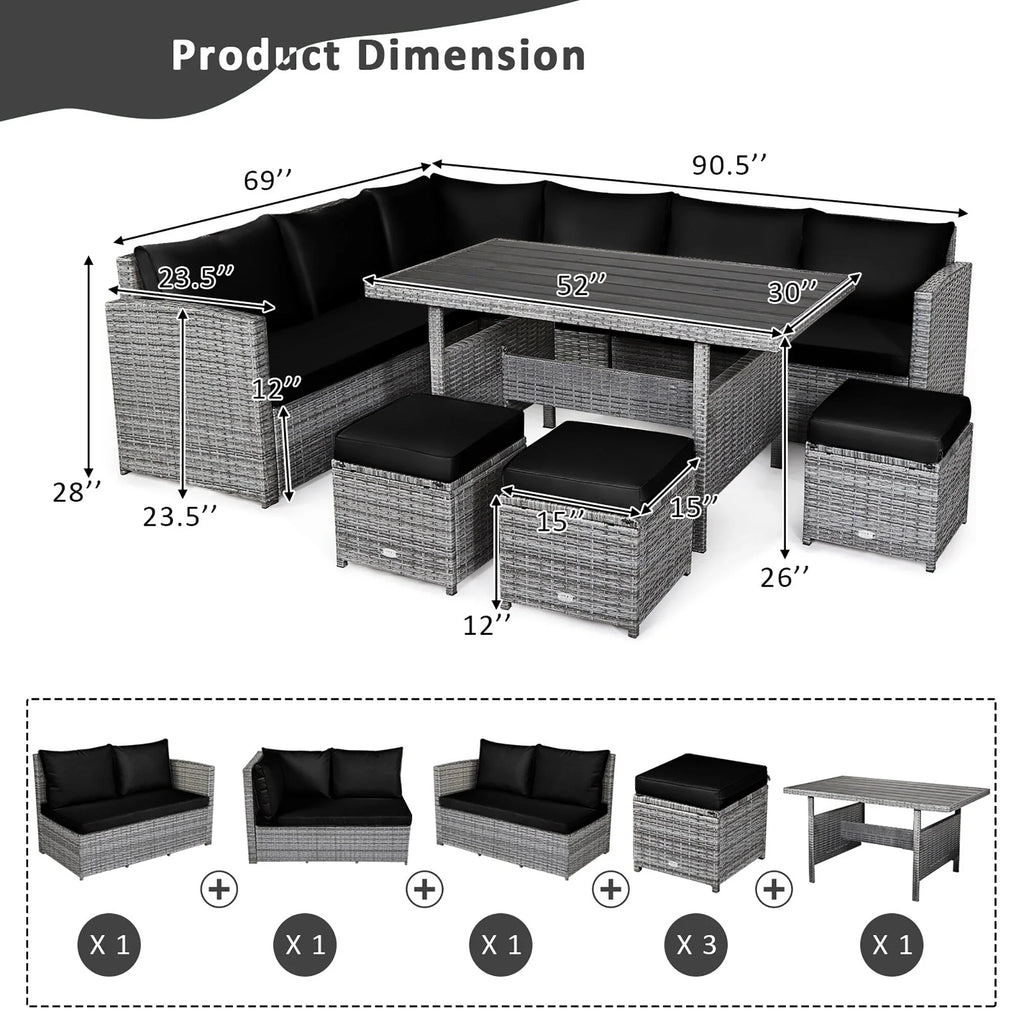Costway 7-teiliges Terrassen-Essgruppe Rattan-Sofa Couch Ottomane – Details ansehen