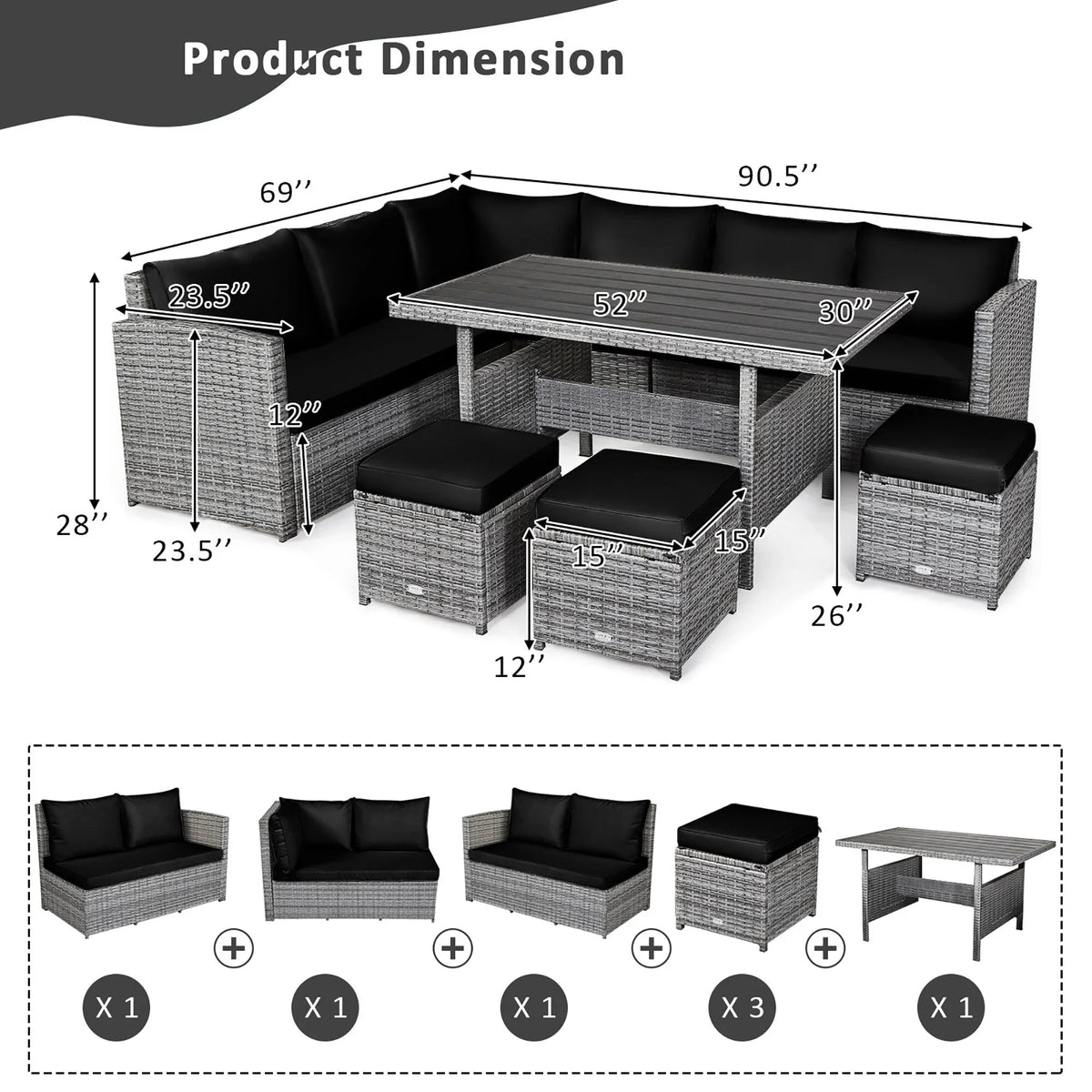 Costway 7-teiliges Terrassen-Essgruppe Rattan-Sofa Couch Ottomane – Details ansehen