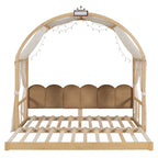 Massivholz-Spielhaus-Plattformbett, Montessori-Bettrahmen mit gewölbtem Dach und Ausziehbett für Mädchen und Jungen