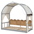 Massivholz-Spielhaus-Plattformbett, Montessori-Bettrahmen mit gewölbtem Dach und Ausziehbett für Mädchen und Jungen