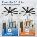 65-Zoll-LED-Deckenventilator mit 8 Flügeln, Licht und Fernbedienung, Schwarz