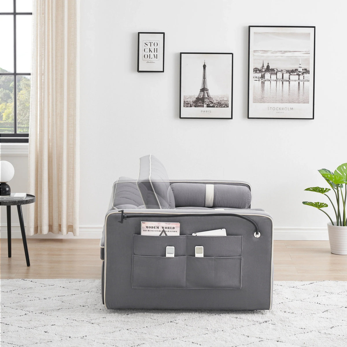 Samt-Schlafsofa zum Umbauen, 140 cm, 2-Sitzer, mit Ausziehbett, verstellbarer Rückenlehne, Seitentaschen und Handyhalterung