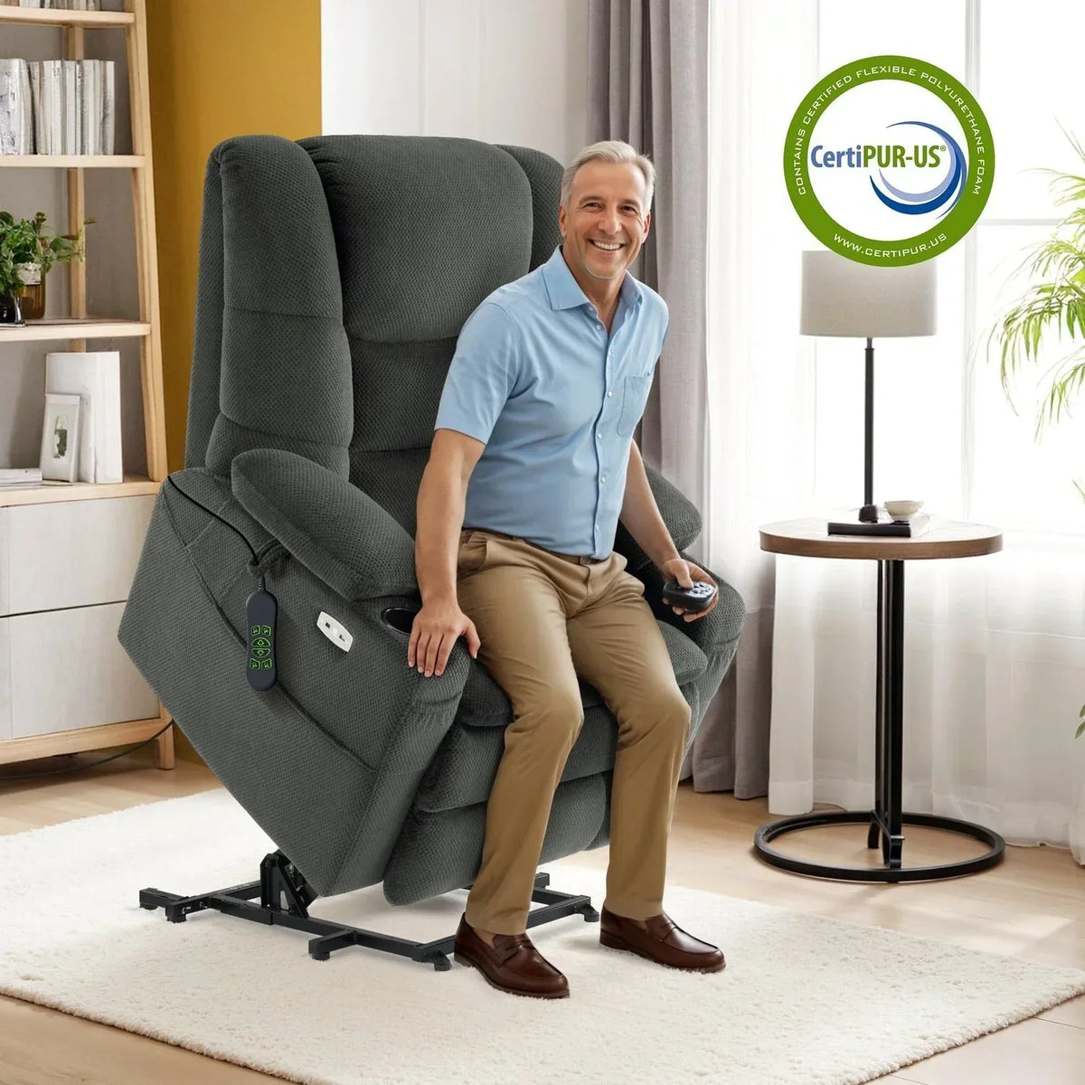 MCombo Großer, breiter Power-Lift-Liegesessel mit zwei Motoren, Massage und dualer Heizung für große und korpulente Senioren, Stoff R7635