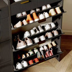 Moderner weißer Schuhschrank mit 3 Kippschubladen und 2 kleinen Schubladen und Haken, schlanker geriffelter Schuhaufbewahrungsorganisator, schmaler Flurschrank