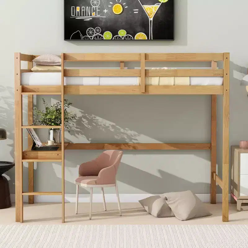 Okak Minimalism Hochbett mit Leiter, Hochbett aus Kautschukholz mit Sicherheitsgeländer und integriertem Schreibtisch, Bettrahmen für Kinder, Jugendliche