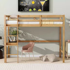 Okak Minimalism Hochbett mit Leiter, Hochbett aus Kautschukholz mit Sicherheitsgeländer und integriertem Schreibtisch, Bettrahmen für Kinder, Jugendliche