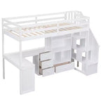Hochbett in Twin-Größe mit L-förmigem Schreibtisch, 3 Schubladen, Schrank, Treppenstauraum, aus massivem Kiefernholz/MDF gefertigt