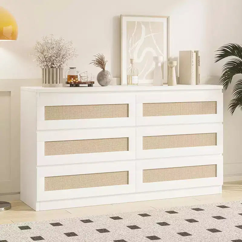 Rattan-Kommode für Schlafzimmer mit 6 Schubladen, 47" moderne Farmhouse breite Kommode, Holz-Aufbewahrungsschrank-Organizer für Kleiderschrank, Wohnzimmer, Flur