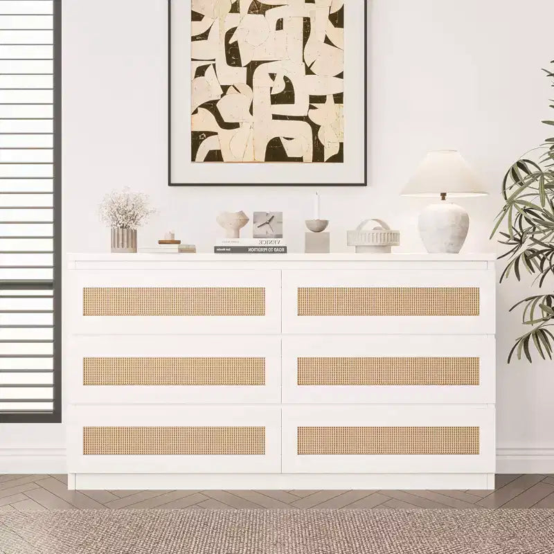 Rattan-Kommode für Schlafzimmer mit 6 Schubladen, 47" moderne Farmhouse breite Kommode, Holz-Aufbewahrungsschrank-Organizer für Kleiderschrank, Wohnzimmer, Flur