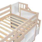 Okak Massivholz-Hochbett mit Treppe & Stauraum, Niedriges Etagenbett mit Schubladen & Regalen, Multifunktionales Hochbett für Kinder, Jugendliche