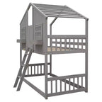 Doppel-Loftbett in Hausform, Holzspielhaus-Loftbett mit Leiter und Schutzgittern für Kinder