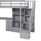 Hochbett in Twin-Größe mit L-förmigem Schreibtisch, 3 Schubladen, Schrank, Treppenstauraum, aus massivem Kiefernholz/MDF gefertigt