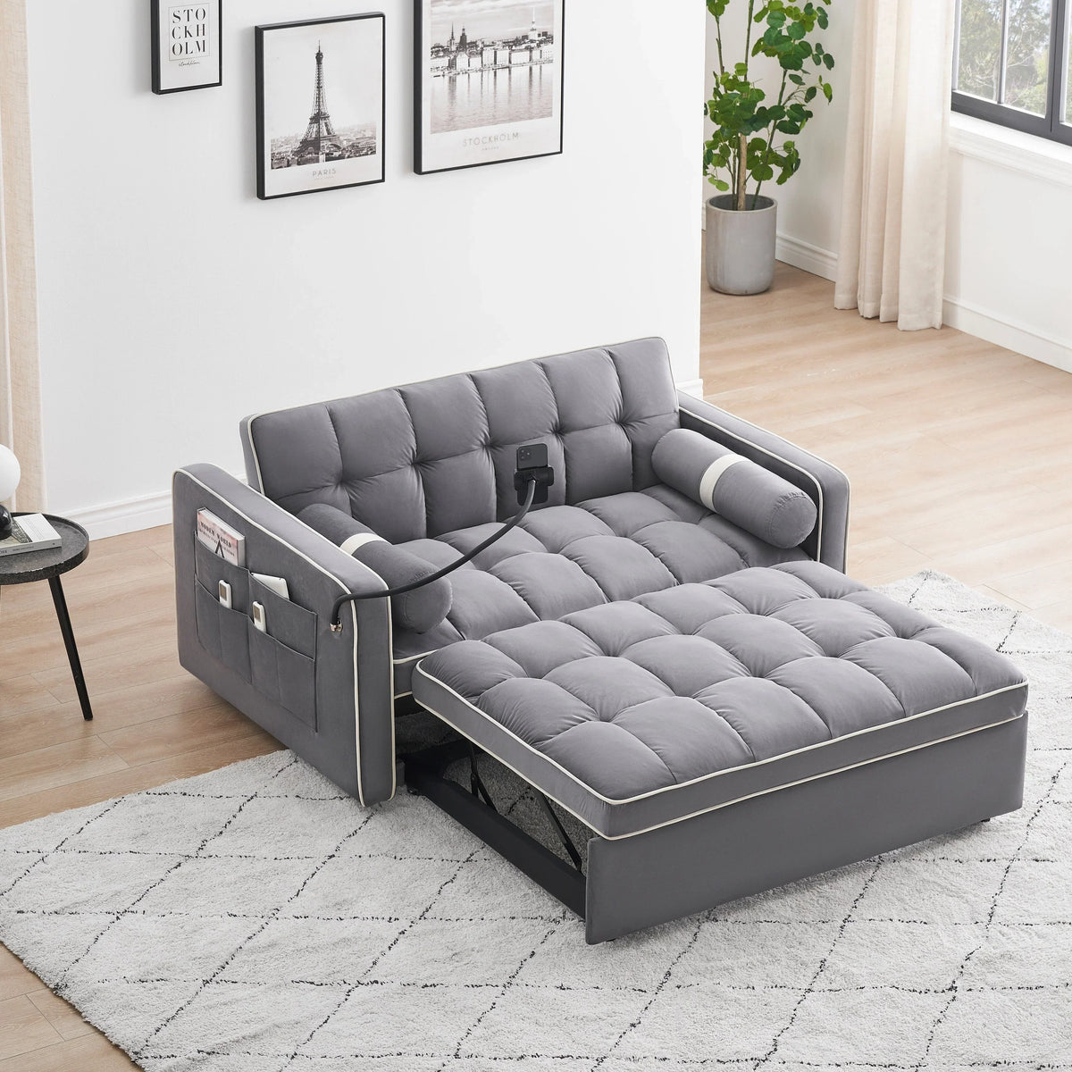 Samt-Schlafsofa zum Umbauen, 140 cm, 2-Sitzer, mit Ausziehbett, verstellbarer Rückenlehne, Seitentaschen und Handyhalterung