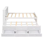 Plattformbett mit Rollbett und Schubladen, Stauraumbett mit USB-Anschluss, Holzbett mit Bücherregal