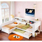 L-förmiges Plattformbett in Twin-Größe mit Rollbett und Ladestation, Holzbettgestell mit Bücherregal