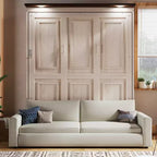 Murphy-Bett in Queen-Size mit Sofa, Queen-Schrankbett aus Holz mit LED-Beleuchtung, klappbares Truhenbett für Gästezimmer, Beige