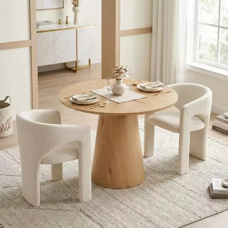 Kleines Essgruppe für 2 Personen, beige gepolsterte Stühle, runder Esstisch mit Säulenfuß, kompakte moderne Küchenmöbel-Panipeachy