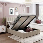 Queen-Size-Polster-Plattformbett mit hydraulischem Aufbewahrungssystem – Beige