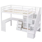 Hochbett in Twin-Größe mit L-förmigem Schreibtisch, 3 Schubladen, Schrank, Treppenstauraum, aus massivem Kiefernholz/MDF gefertigt