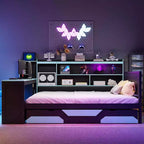 Gaming-Tagesbett (Queen-Size/Full-Size) mit Kopfteilregal, LED-Beleuchtung, integriertem Schreibtisch, Schubladen und Ladestation