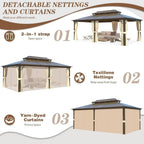 EROMMY Hardtop-Pavillon, Outdoor-Pergola mit Doppeldach & Netzen & Vorhängen, Hochleistungs-Canopy für Terrasse, Garten, Poolparty