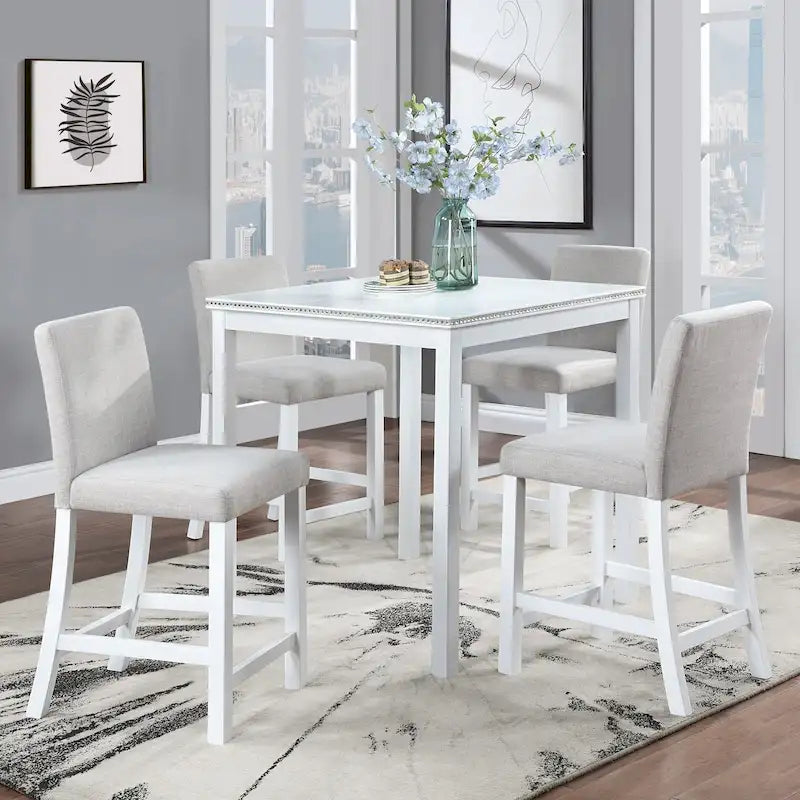 Modernes 5-teiliges Esszimmer-Set mit quadratischem Tresenhochtisch und 4 gepolsterten Stühlen