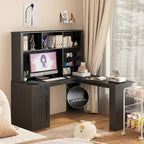 L-förmiger Schreibtisch mit Steckdose, Computertisch mit Schubladen, Regal & Aufsatz, Moderner Eckschreibtisch, Home-Office-Schreibtisch