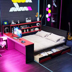 Gaming-Tagesbett (Queen-Size/Full-Size) mit Kopfteilregal, LED-Beleuchtung, integriertem Schreibtisch, Schubladen und Ladestation