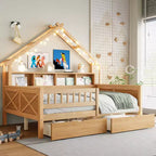 Hausbettgestell in voller Größe mit Schubladen, Haus-Plattformbett mit LED-Beleuchtung, Ablagefächern und Schubladen, Tagesbett aus Holz mit Dach und Geländer