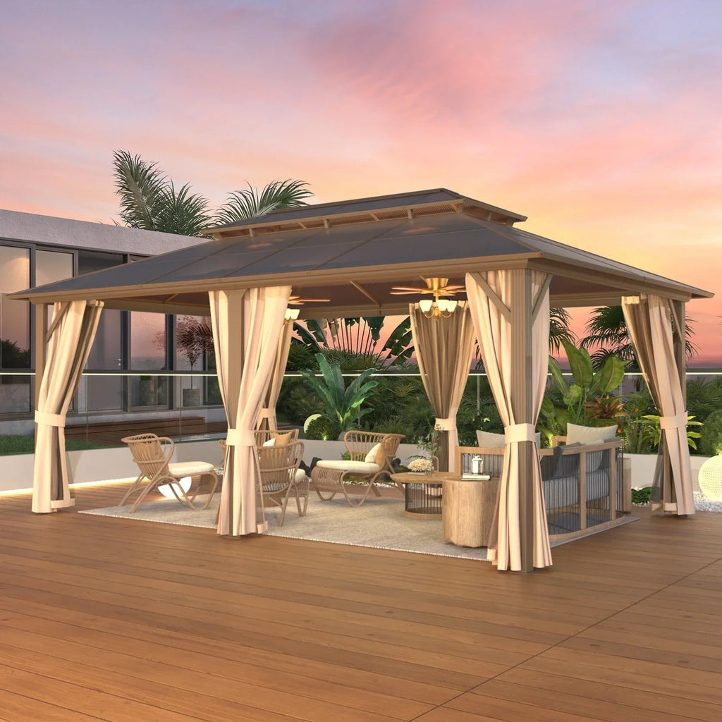 EROMMY Hardtop-Pavillon, Outdoor-Pergola mit Doppeldach & Netzen & Vorhängen, Hochleistungs-Canopy für Terrasse, Garten, Poolparty
