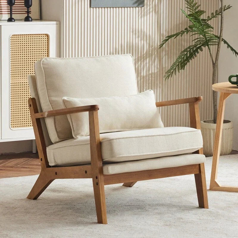 Polster-Akzentsessel aus Leinenmischgewebe mit Holzbeinen und einem Kissen, Beige