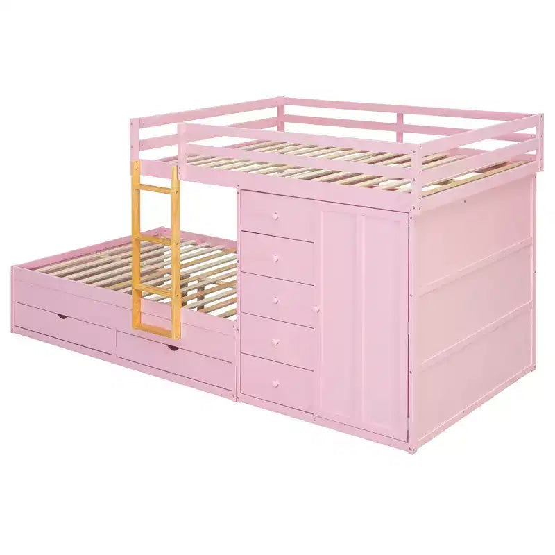 Etagenbett „Full-over-Full“ mit Kleiderschrank und Schubladen, platzsparendes Etagenbett aus Holz in voller Größe mit Rausfallschutz für Apartment, Schlafzimmer