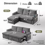 Dyonery 81 Sektional-Schlafsofa, L-förmige Ausziehcouch mit beidseitigem Stauraum, USB, verstellbare Rückenlehne