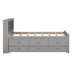 Plattformbett mit Rollbett und Schubladen, Stauraumbett mit USB-Anschluss, Holzbett mit Bücherregal