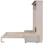 Murphy-Bett in Queen-Size mit Sofa, Queen-Schrankbett aus Holz mit LED-Beleuchtung, klappbares Truhenbett für Gästezimmer, Beige