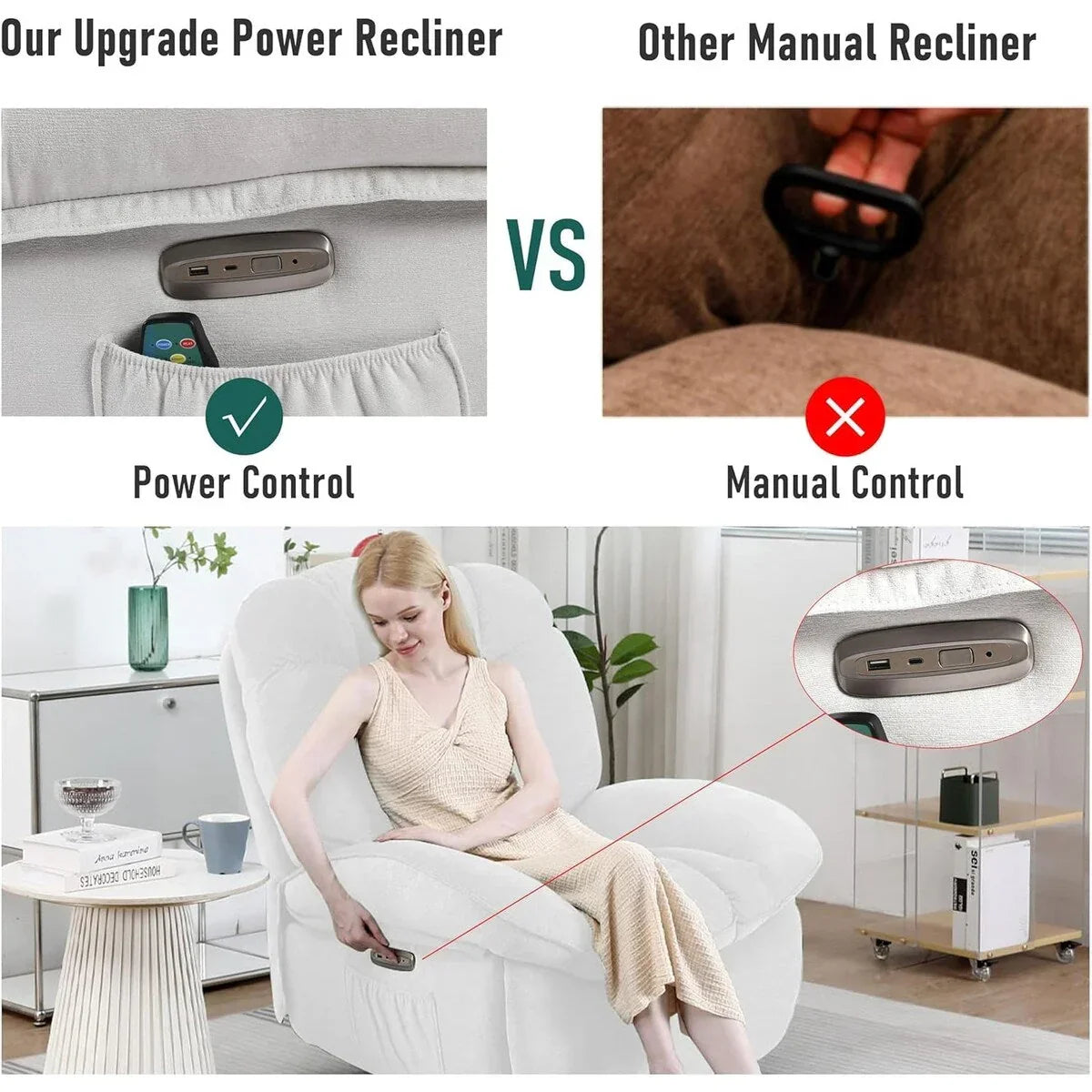 XINMICS Drehbarer elektrischer Relaxsessel, Massage-Schaukel-Liegesessel mit Heizfunktion, USB, USB-C und Seitentasche