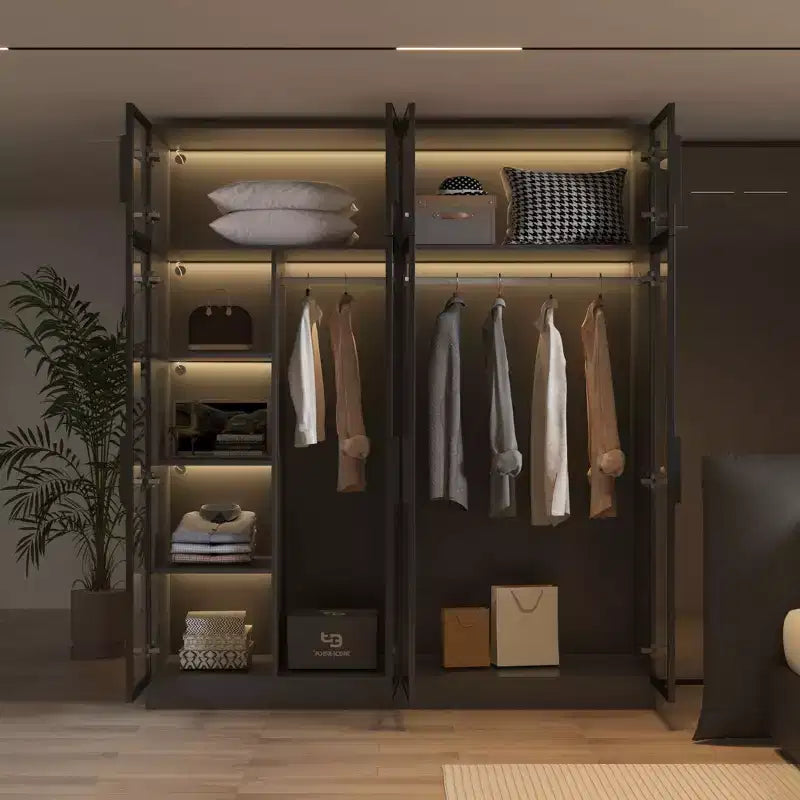 Hitow Pure Black Luxus-Kleiderschrank mit Türen aus gehärtetem Glas, 3-Farben-LED-Beleuchtung, vom Boden bis zur Decke reichender Schlafzimmerschrank-Organizer, Ankleidezimmerschrank