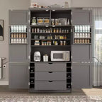 Hoher Küchenschrank mit Steckdosen, großer freistehender Schrank mit Mikrowellenständer, Schubladen, Regalen, Weinregalen und Türregal