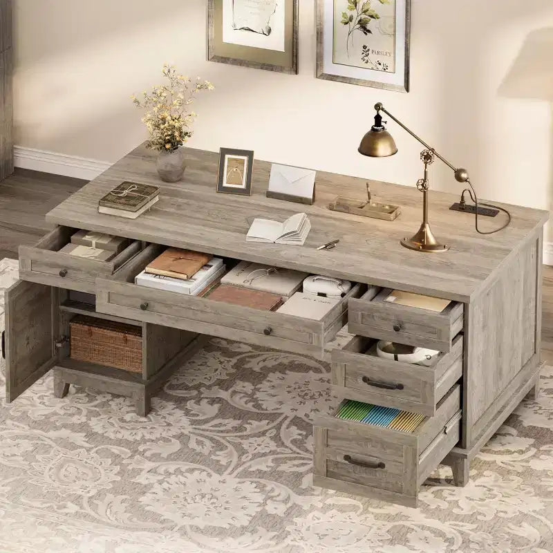 60 Executive Schreibtisch mit Schubladen, Home Office Schreibtisch mit Ladestation, Computer-Schreibtisch aus Holz für Arbeitszimmer, Konferenztisch für Wohnzimmer