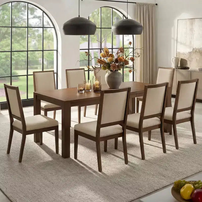 Modernes Esszimmer-Set – 80 Tisch + 6 gepolsterte Stühle, Massivholzrahmen, 180 kg Tischbelastbarkeit, einfache Montage