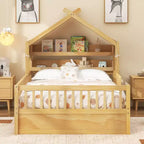 ModernLuxe Hausbett aus Holz für Zwillinge/Standardgröße mit Stauraum-Kopfteil, Kinderbettgestell aus massivem Kiefernholz mit Rausfallschutz