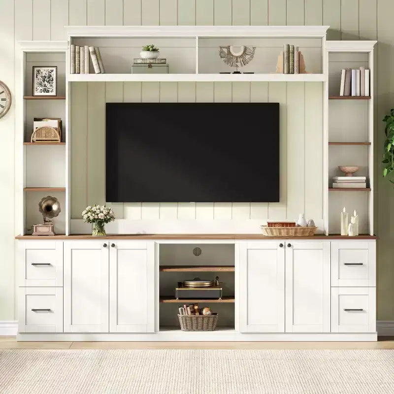 ModernLuxe 4-in-1 Bauernhaus Unterhaltungszentrum Wandregal, passend für Fernseher bis 70 Zoll, TV-Ständer Medienkonsole mit verstellbaren Regalen und Schubladen