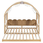 Massivholz-Spielhaus-Plattformbett, Montessori-Bettrahmen mit gewölbtem Dach und Ausziehbett für Mädchen und Jungen