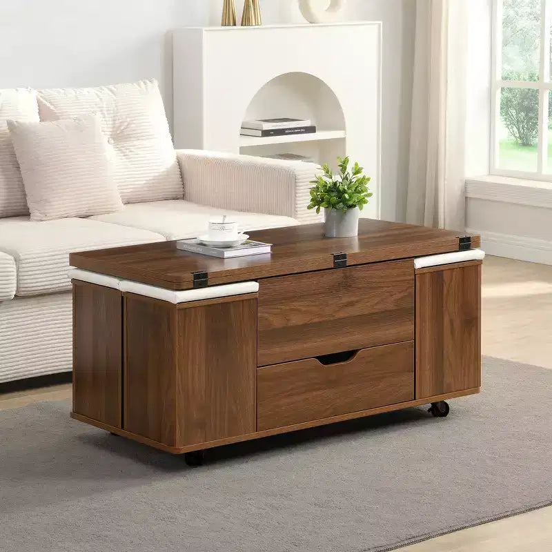 Multifunktionaler moderner Couchtisch mit Hebefunktion, verstecktem Stauraum, 4 Hockern und Rollen, perfekt für moderne Wohnbereiche