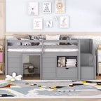 Okak Massivholz-Hochbett mit Treppe & Stauraum, Niedriges Etagenbett mit Schubladen & Regalen, Multifunktionales Hochbett für Kinder, Jugendliche