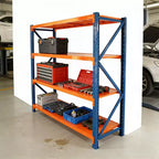 VIYET Schwerlast-Garagenregale, 4-stöckig, 2000 kg Tragkraft, verstellbares Metallregal, blau-orangefarbene Industrieregale für Geschäft/Werkzeuge/Fitnessstudio