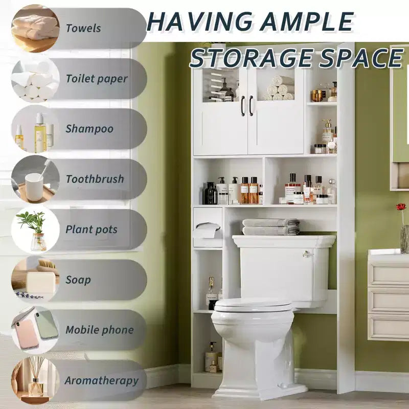 Badezimmerschrank über der Toilette – 171 cm hoher Badezimmer-Organizer im Landhausstil mit verstellbarem Regal und Glastür für Bad und Waschküche