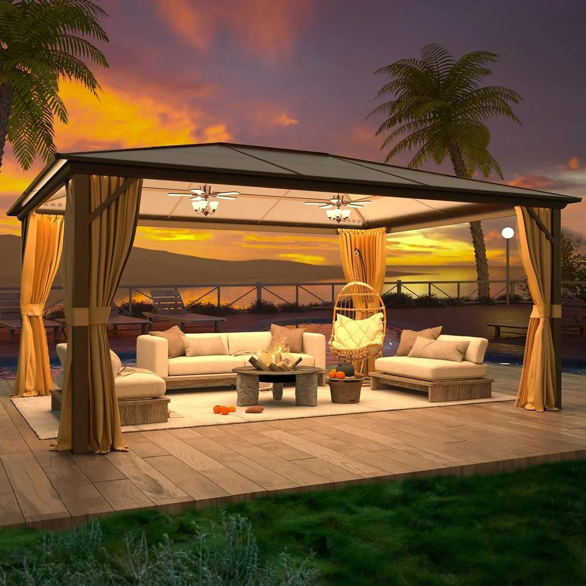 EROMMY Hardtop-Pavillon, Outdoor-Pergola mit Doppeldach & Netzen & Vorhängen, Hochleistungs-Canopy für Terrasse, Garten, Poolparty